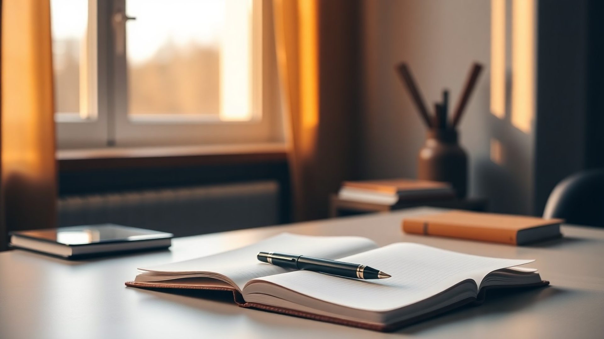 Birou minimalist cu carnet și pix — atmosferă de lucru la AdvisoryInnovation